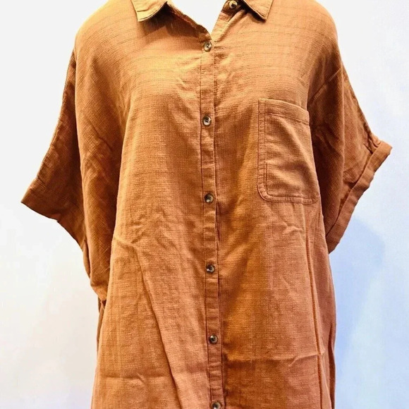 NWT SONOMA Women Short Sleeve Pullover Button Down Cotton Brown Shirt Size 4X - Picture 1 of 12